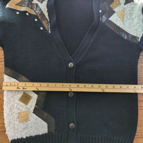 Jamie Scott Vintage Black Women Sweater Cardigan faux leather Rhinestones 90s - Picture 9 of 15